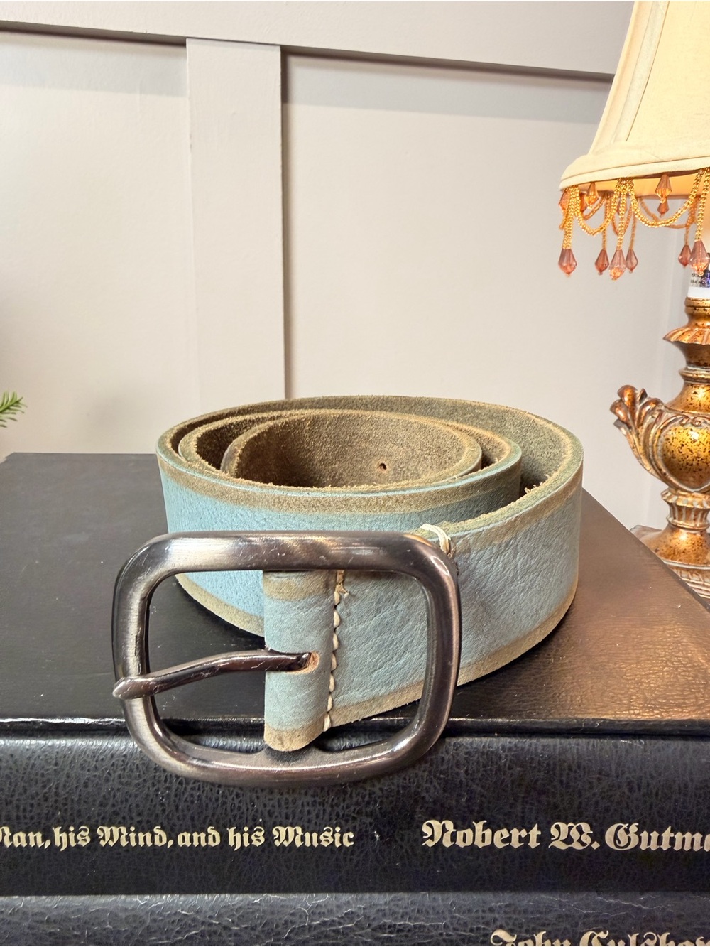 Women’s Light Blue Genuine Leather Belt with Brushed Silver Buckle Handmade 34 M
